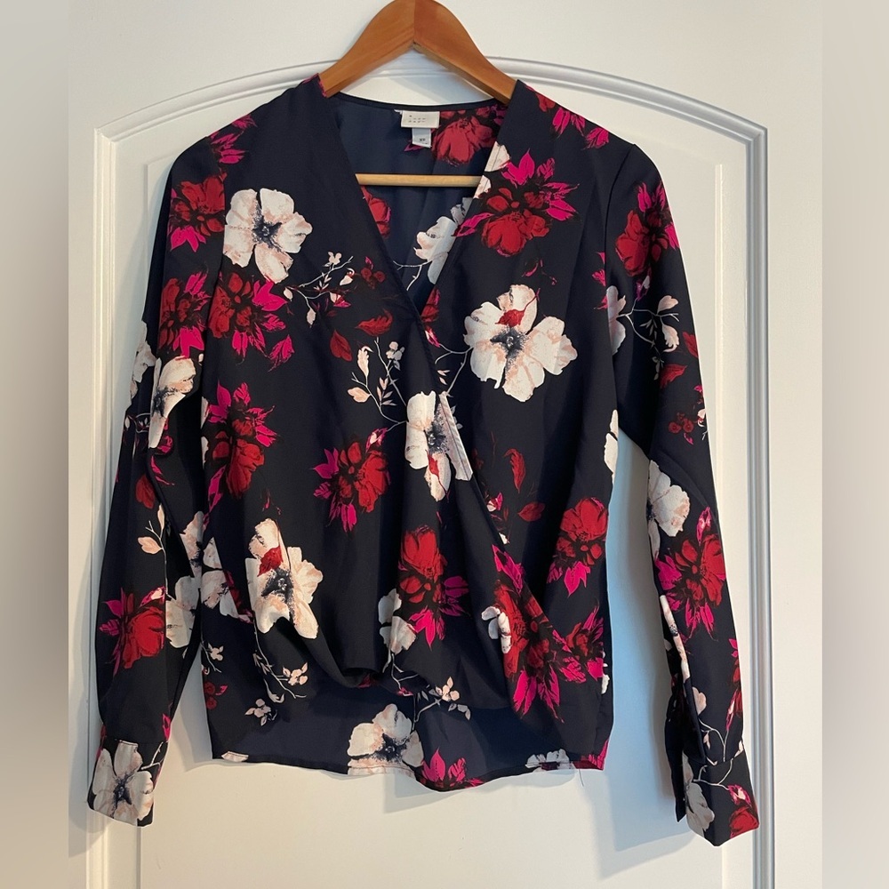A New Day Floral Wrap Blouse - Black with Red & White Flowers